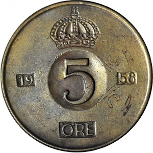 R*-, Szwecja, Gustaw VI, 5 öre 1958, DESTRUKT, bite na 5 öre Gustawa V 1909-1950