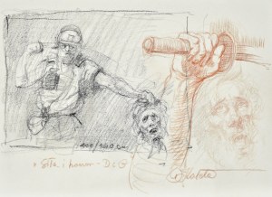 Dariusz KALETA Dariuss (ur. 1960), Szkice luźne żołnierza uderzającego pięścią w głowę, ręki trzymającej miecz oraz głowy starca