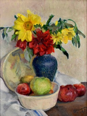 Olgierd BIERWIACZONEK (1925-2002), Martwa natura z kwiatami w wazonie i owocami, 1950