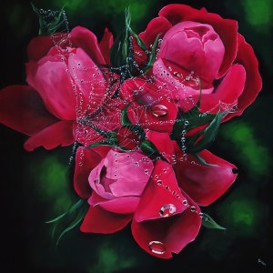Beata Mura, Rose, akryl na płótnie, 100 x 100 cm, sygn. p.d róg Ryś 2020