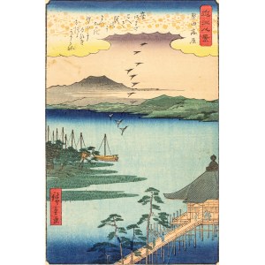 Hiroshige Ando (1797 - 1858), Pikujące gęsi nad Kataga (z serii: Osiem widoków Omi), 1857