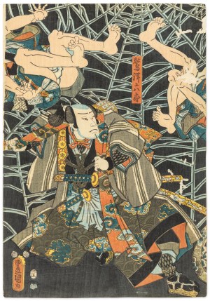 Utagawa Kunisada Ii (1823-1880), Samuraje w walce z pająkiem, 1853