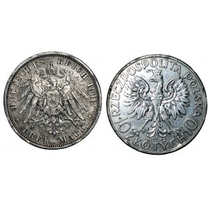 Zestaw 2 sztuk srebrnych monet - 5 marek 1913 i 10 złotych 1932