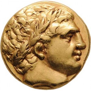 Makedonie, Filip II., 359 - 336 př.Kr., Statér, Hlava Apolóna doprava / biga doprava,