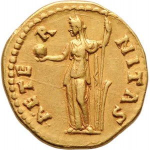 Řím, Faustina starší, manželka Antonina Pia, Aureus, Rv:AETERNITAS., Fortuna držící globus