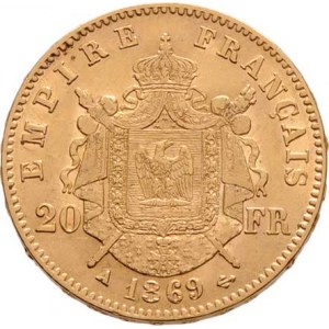 Francie, Napoleon III., 1852 - 1871, 20 Frank 1869 A, Paříž, KM.801.1 (Au900), 6.433g,
