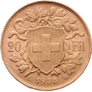 Švýcarsko, republika, 20 Frank 1935 L-B, Bern, KM.35.1 (Au900), 6.448g,