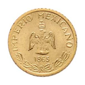 Mexiko, Maxmilian, 1864 - 1867, Peso 1865 - miniaturní novoražba, 10mm, 0.461g, pěkná