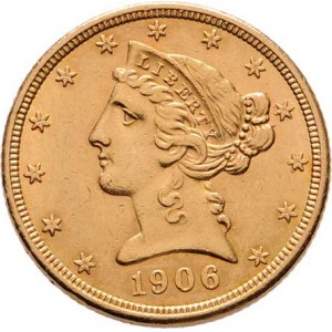 USA, 5 Dolar 1906 - hlava Liberty, KM.101 (Au900), 8.359g,