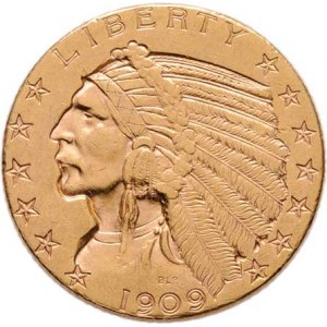 USA, 5 Dolar 1909 D - hlava indiána, KM.129 (Au900),