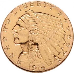 USA, 2.5 Dolar 1914 D - hlava indiána, KM.128 (Au900),