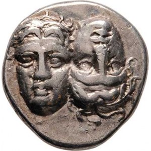 Thrakia, Istros, kolem roku 400 př.Kr., AR Drachma, Dvě tváře zpředu, jedna z nich obráceně /