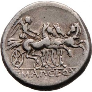 T.M.Mancinus, Ap.Pulcher, Q.Urbinus, 111 - 110 př.Kr., AR Denár, Hlava Romy zprava / Victoria