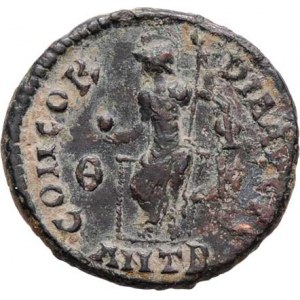 Valentinianus II., 375 - 392, AE3, Rv:CONCORDIA.AVGGG., sedící Constantinopolis,