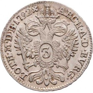 Leopold II., 1790 - 1792, 3 Krejcar 1792 B, Kremnica, P.17, Husz.1918, 1.687g,