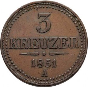 Konvenční měna, údobí let 1848 - 1857, 3 Krejcar 1851 A, 16.057g, dr.hr., rysky, pěkná