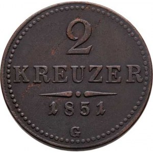 Konvenční měna, údobí let 1848 - 1857, 2 Krejcar 1851 G, 10.773g, vady materiálu, dr.hr.,