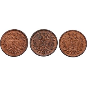 Korunová měna, údobí let 1892 - 1918, 2 Haléř 1912, 1914, 1915, krásná patina          3ks
