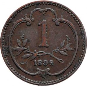 Korunová měna, údobí let 1892 - 1918, Haléř 1899, 1.671g, dr.rysky, skvrnky, patina     R!