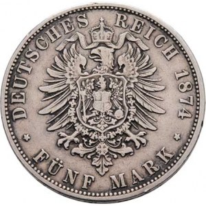 Bavorsko, Ludwig II., 1864 - 1886, 5 Marka 1874 D, KM.502 (Ag900, pouze 85.000 ks),