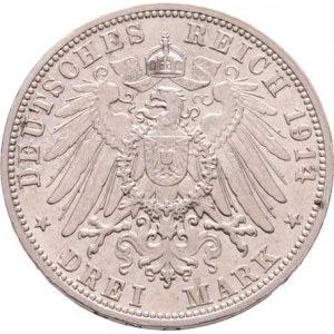 Bavorsko, Ludwig III., 1913 - 1918, 3 Marka 1914 D, KM.520 (Ag900, jediný ročník),