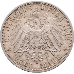 Prusko, Wilhelm II., 1888 - 1918, 3 Marka 1913 A - 25 let vlády, KM.535 (Ag900),