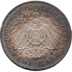 Sasko, Friedrich August III., 1904 - 1918, 5 Marka 1907 E, Drážďany, KM.1266 (Ag900), 27.789g