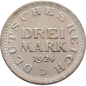 Německo - Výmarská republika, 1918 - 1933, 3 Marka 1924 D, KM.43 (Ag500), 15.045g, nep.hr.,
