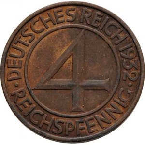 Německo - Výmarská republika, 1918 - 1933, 4 Reichspfennig 1932 F, KM.75 (bronz), 4.959g,