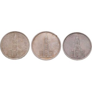 Německo - 3.říše, 1933 - 1945, 5 Marka 1935 D,E,G - kostel, KM.83 (Ag900, 13.88g),