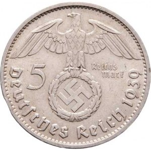 Německo - 3.říše, 1933 - 1945, 5 Marka 1939 J - svastika, KM.94 (Ag900), 13.928g,