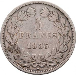 Francie, Ludvík Filip, 1830 - 1848, 5 Frank 1833 A, Paříž, KM.749.1 (Ag900), 24.307g,
