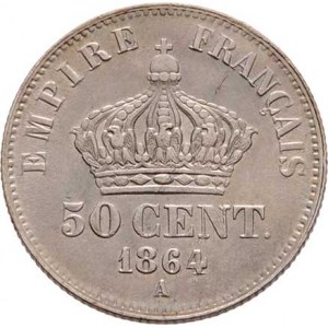 Francie, Napoleon III., 1852 - 1871, 50 Centimes 1864 A, Paříž, KM.814.1 (Ag900), 2.507g,