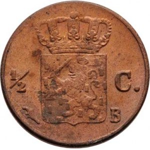 Nizozemí, Willem I., 1815 - 1840, 1/2 Cent 1821 B, Brusel, KM.51 (Cu), 2.008g,