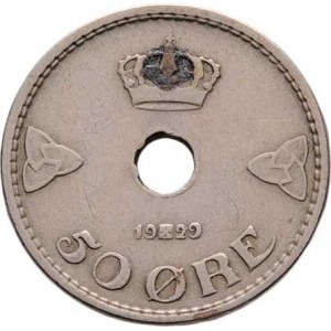 Norsko, Haakon VII., 1905 - 1957, 50 Öre 1929, KM.380 (CuNi), 4.765g, nep.hr.,