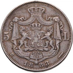 Rumunsko, Karel I. - jako král, 1881 - 1914, 5 Lei 1883 B, KM.17.1 (Ag900), 24.767g, stopa po