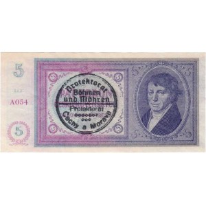 Protektorát Čechy a Morava, 1939 - 1945, 5 Koruna b.l. - ruční přetisk, série A054, BHK.29a,