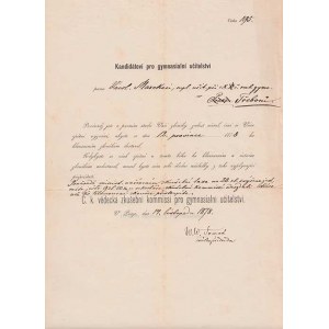 Osobní a jiné dokumenty, Praha 1878 - C.K.zkušeb.komise potvrzuje způsobilost