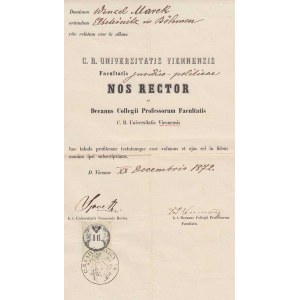 Osobní a jiné dokumenty, Wien 1872 - Vídeňská universita - potvrzení o studiu