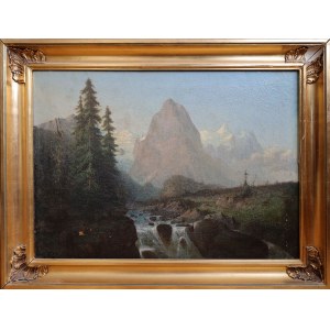 Wilhelm WOLLSCHLAGER ?, 19th century, Landscape with waterfall