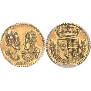 Henri IV (1589-1610). Médaillette ou jeton d’or (parfois quinaire d’or) pour Henri IV et Marie de Médicis 1605, Paris.