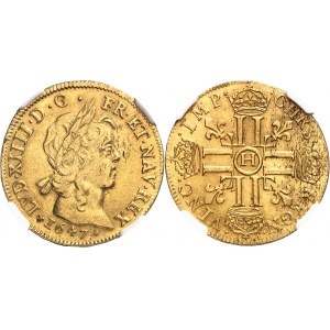 Louis XIV (1643-1715). Double louis d’or à la mèche longue 1647, H, La Rochelle.