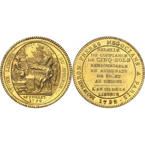 Constitution (1791-1792). Monneron de cinq sols au serment, frappe spéciale en bronze doré 1792 - L’An III, Birmingham.