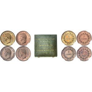 Louis-Philippe Ier (1830-1848). Coffret comprenant 4 essais de 5 centimes sur flans brunis (PROOF) de la Presse monétaire pour les colonies françaises (Guadeloupe) 1839, Paris.