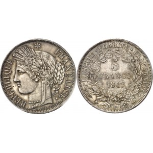 IIe République (1848-1852). 5 francs Cérès 1849, BB, Strasbourg.