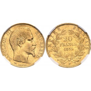 Second Empire - Napoléon III (1852-1870). 20 francs tête nue, variété en frappe médaille 1855, D, Lyon.