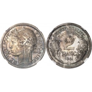IIIe République (1870-1940). Pré-série de 2 francs Morlon en argent, sans différents, Flan bruni (PROOF) 1931, Paris.
