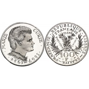 Ve République (1958 à nos jours). Piéfort de 100 francs Marie Curie, Flan bruni (PROOF) 1984, Pessac.