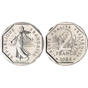 Ve République (1958 à nos jours). Piéfort de 2 francs Semeuse, Flan bruni (PROOF) 1984, Pessac.