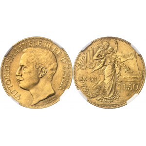 Victor-Emmanuel III (1900-1946). Série pour le cinquantenaire du royaume, comprenant 50 lire Or, 5 et 2 lire Argent et 10 centesimi 1911, R, Rome.